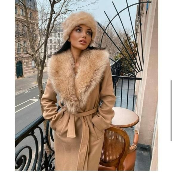 ZARA FUR COLLAR WOOL BLEND BELTED COAT TAN - Picture 2 of 11